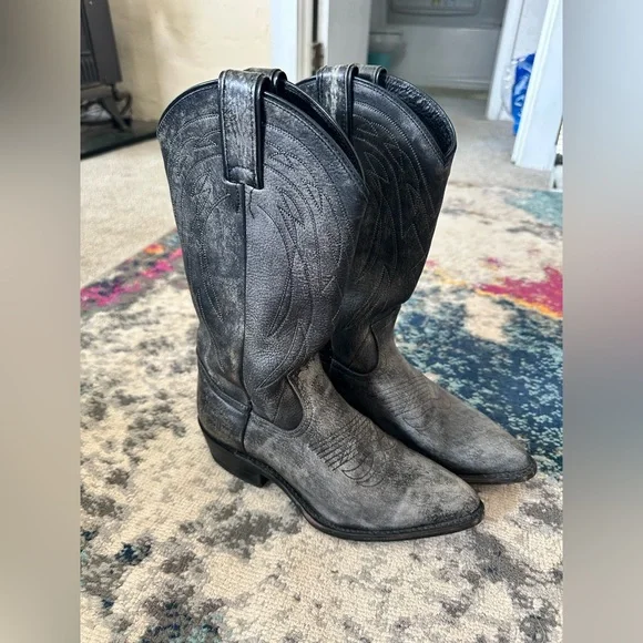 Frye Distressed Black Grey Leather Cowboy Cowgirl Boots Size 8 Womens - Picture 1 of 7